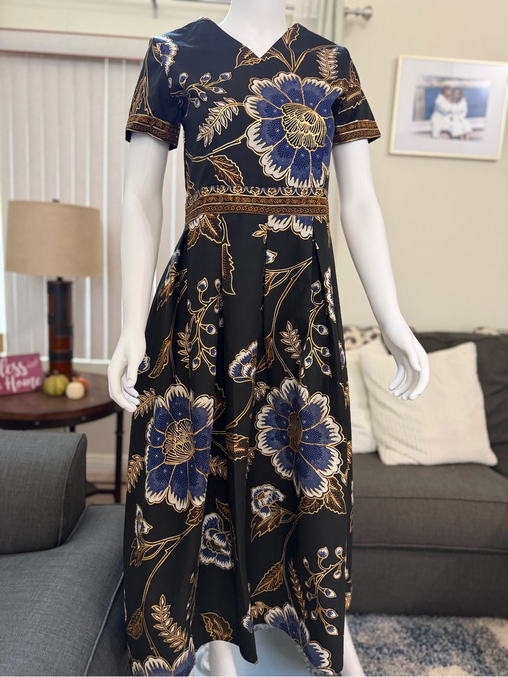 Elegant Black Floral Midi Dress with Blue & Gold Motif